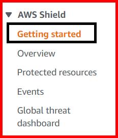 Picture showing the Getting started link in AWS shield menu